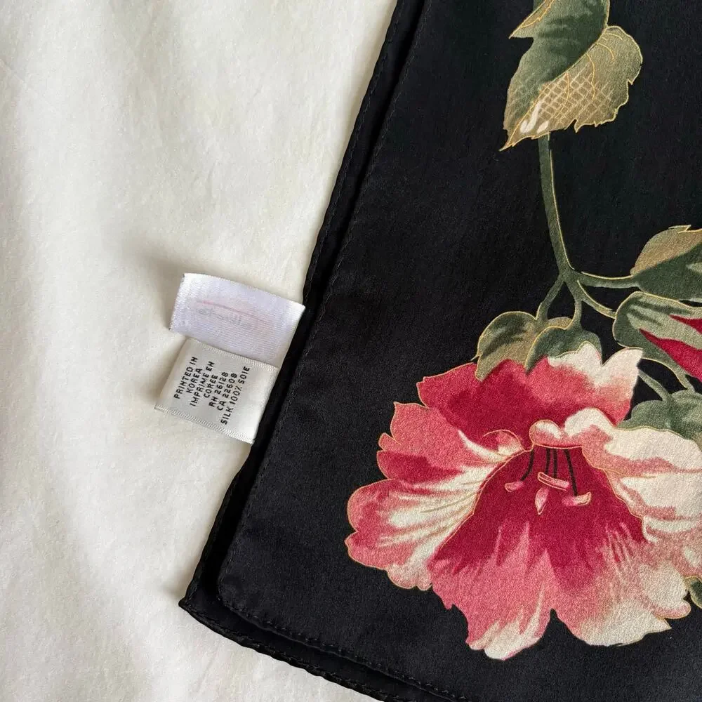 Vintage Talbots 100% Silk Floral Square Scarf Black Pink